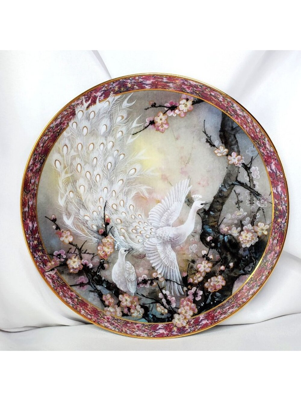 Harmony White Peacock Plate By Lily Chang Gardens Of Paradise 1993 COA